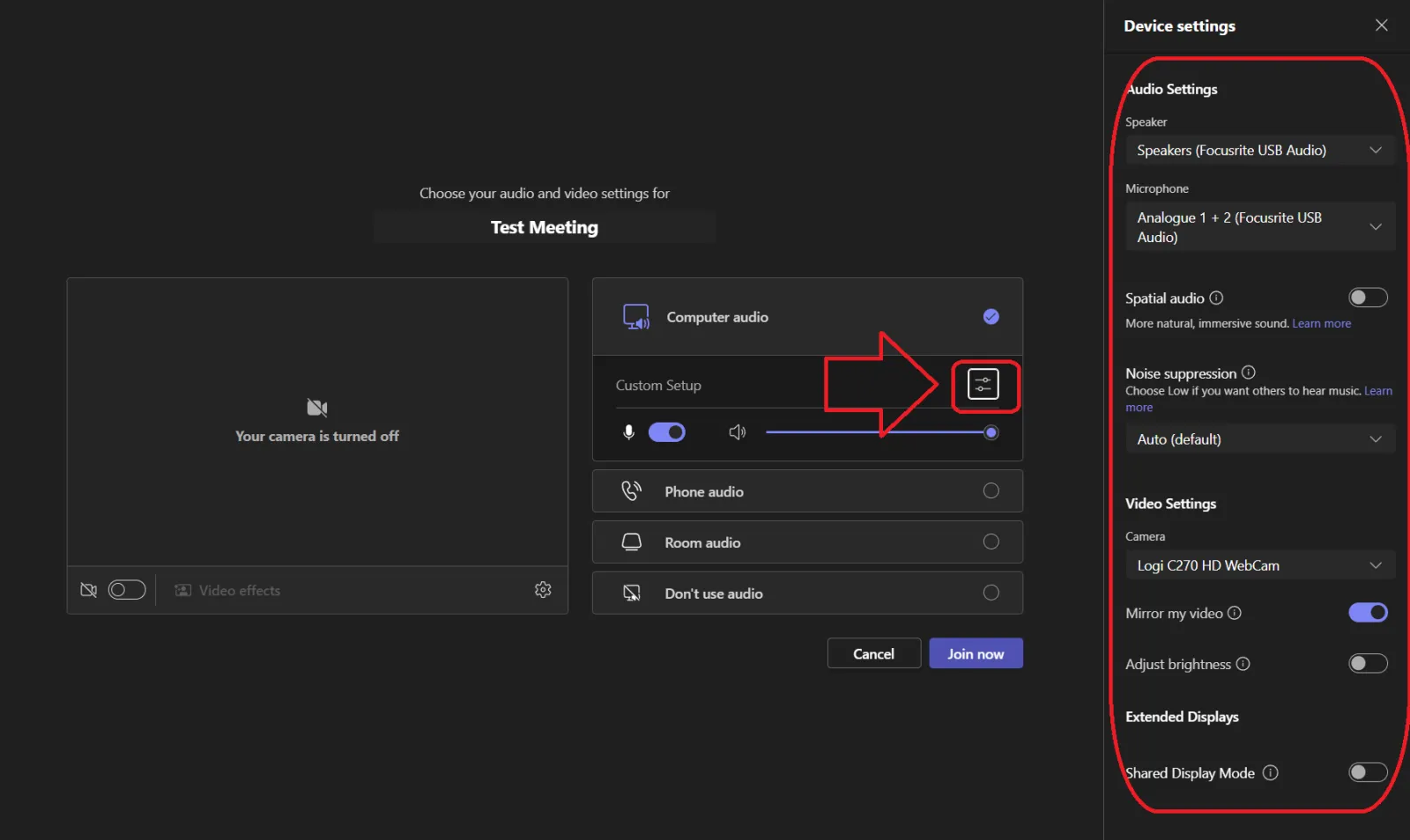 Highlighting of the pre-meeting audio settings