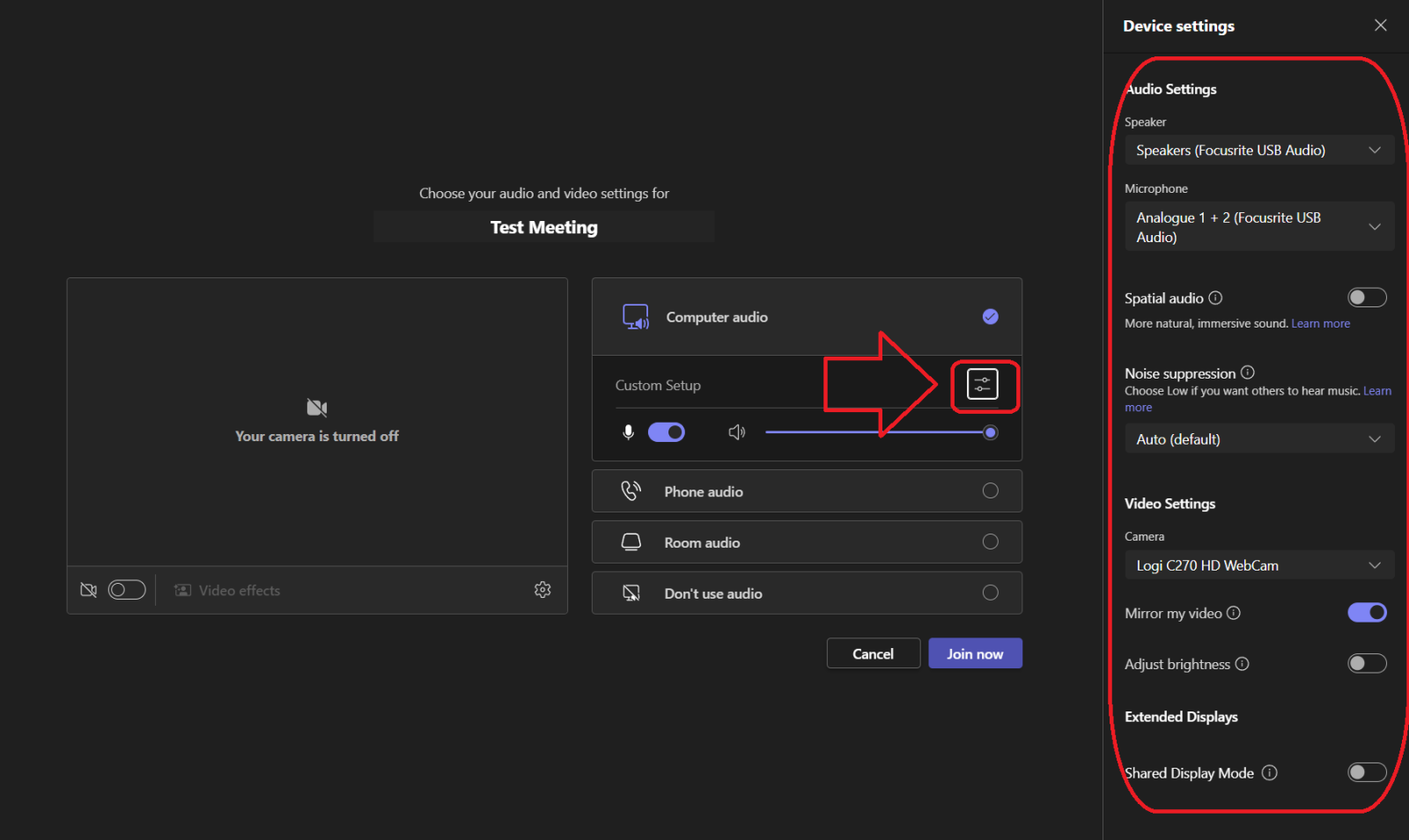 Highlighting of the pre-meeting audio settings