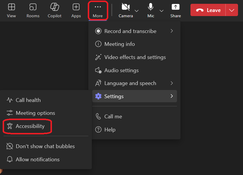 highlighting of the accessibility tab in Teams