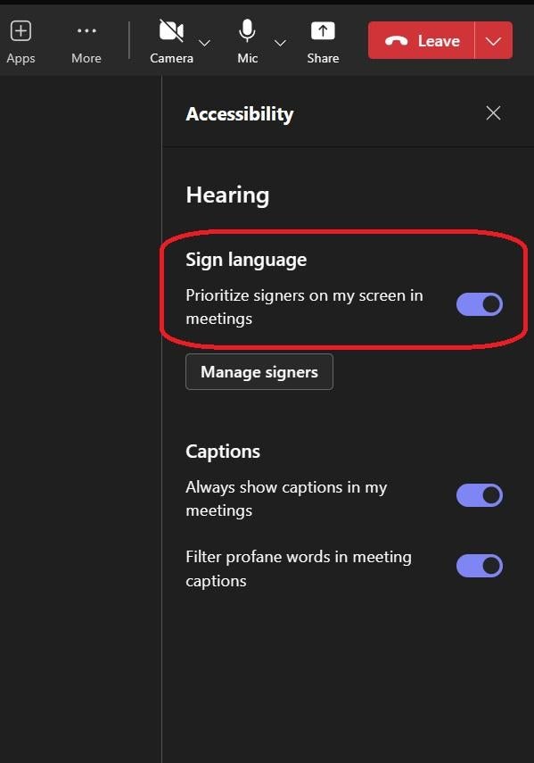 Highlighting of the Sign Language option