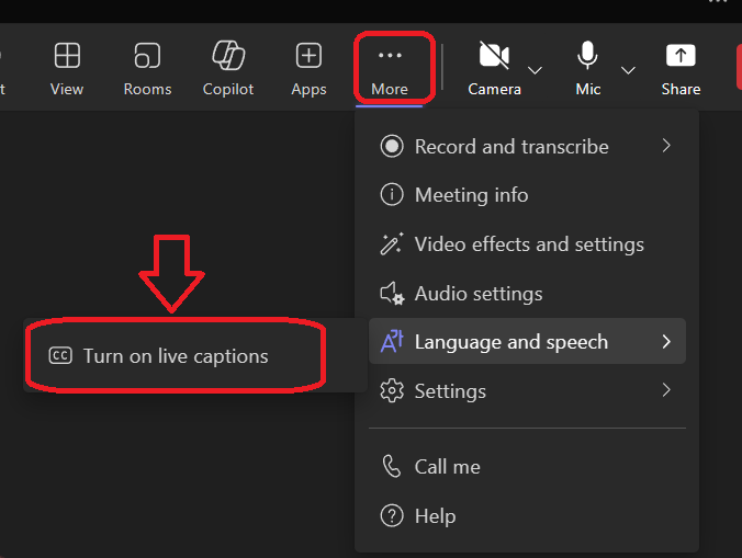 highlighting of the captions options in Teams