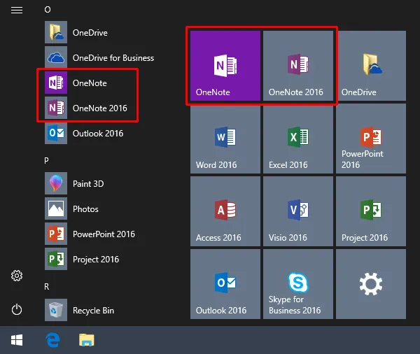 OneNote from Start Menu